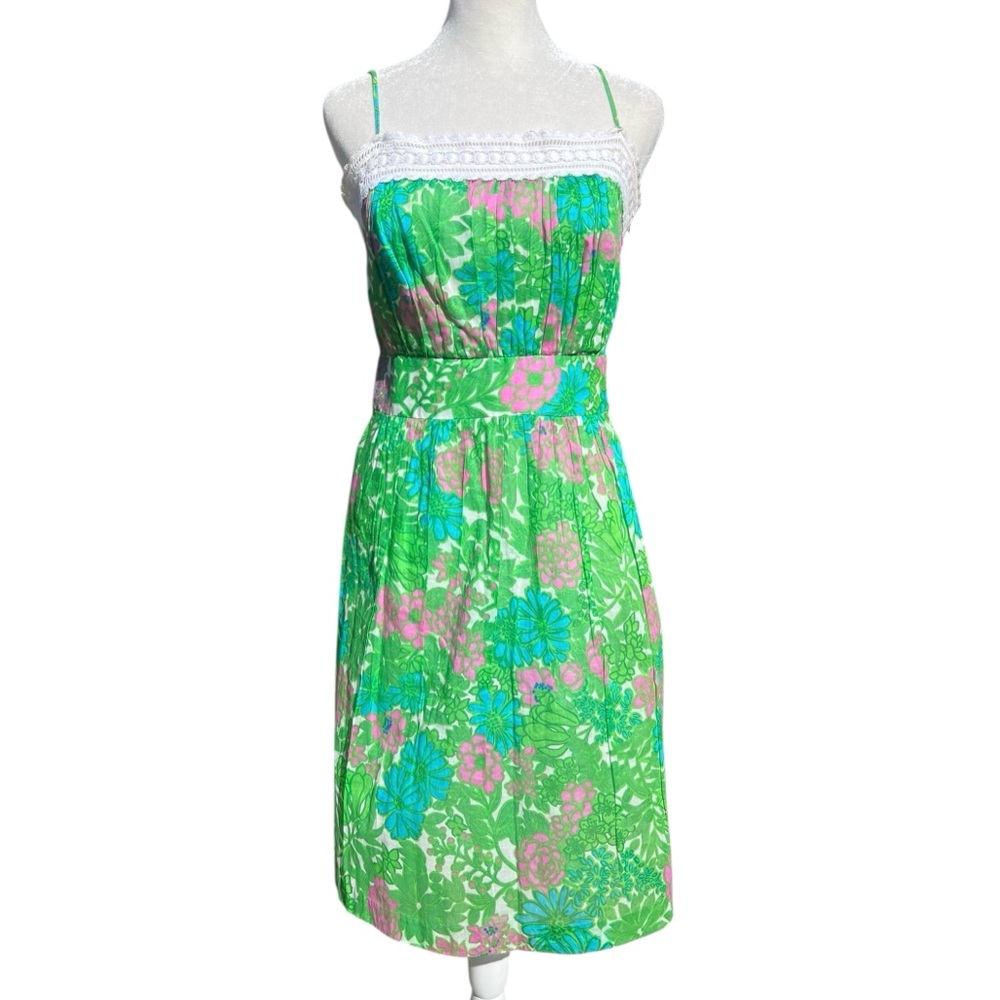MILLY Green Pink Floral Garden Sun Dress Lace Trim *As Seen on Dexter TV* Sz 2